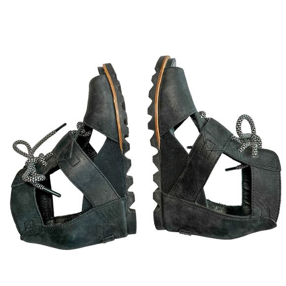 Sorel Joanie Lace Up Wedge Heel Open Toe Leather Canvas Lug Sole Sandal Black 7 - Picture 4 of 9